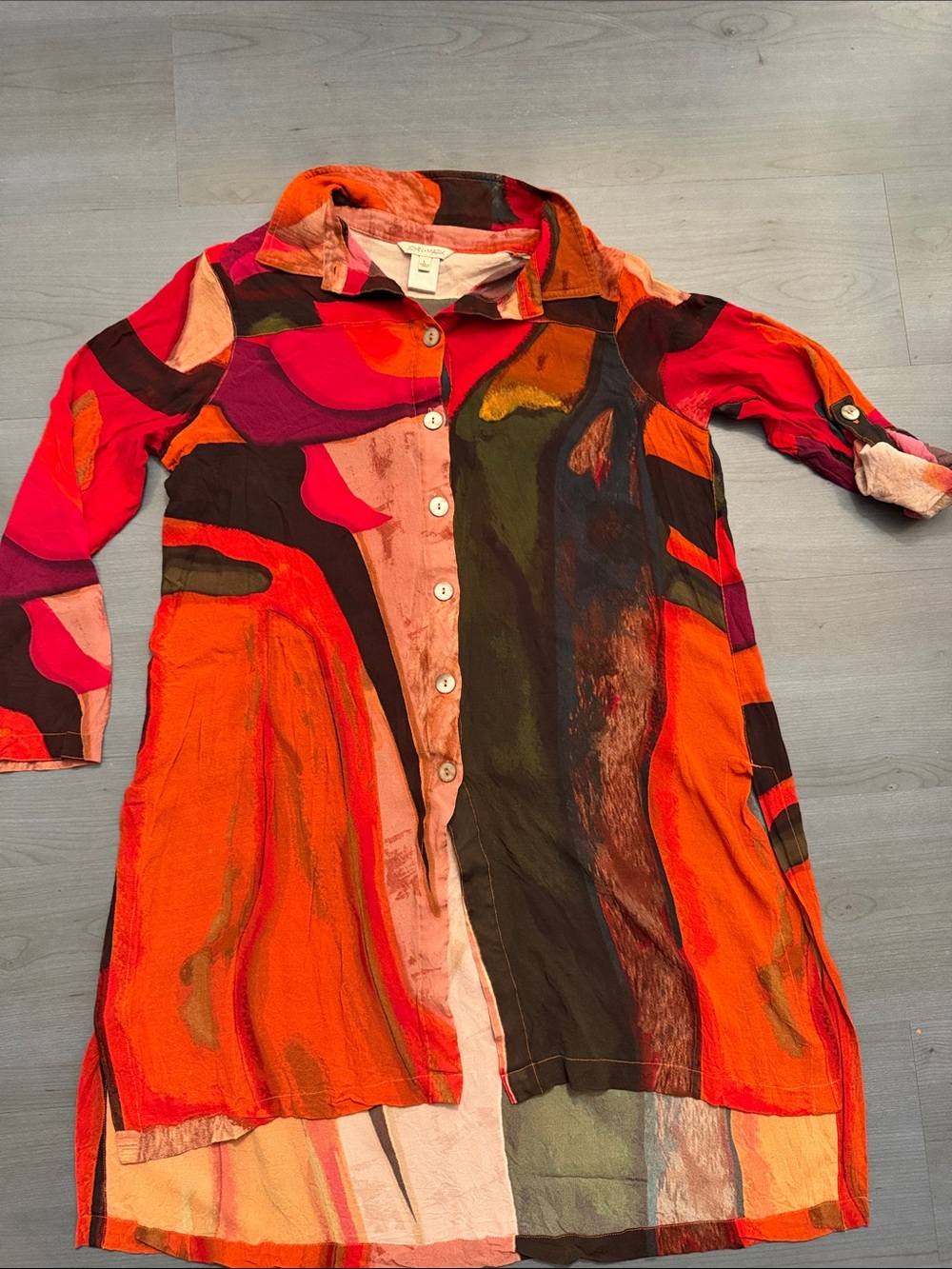 Abstract Button-Front Tunic in Orange, Pink and Brown